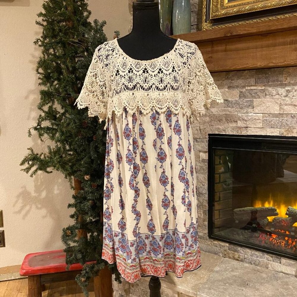 Entro Anthropologie Peasant Boho Crochet Top Flowy Ivory Dress Size Medium